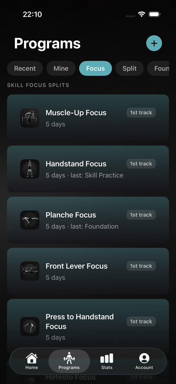 ZenMotion Programs tab showing 11 Skill Focus Splits and the Foundations cycle